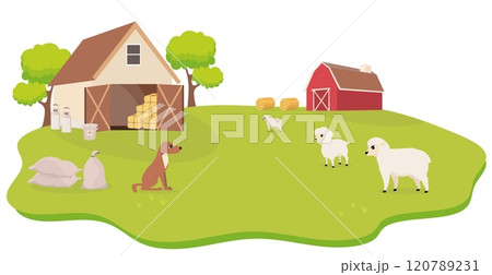 Farm Animals. Cute farm. Sheep and a dog in a farmyard. Collection of farm animals in a barnyard. Baby flat vector illustration. Farm Animals. Cute farm. Sheep and a dog in a farmyard. Collection of farm animals in a barnyard. Baby flat vector illustration. 120789231