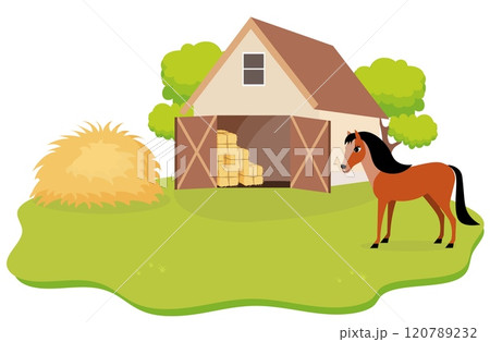Farm Animals. Cute farm. A bay horse in a farmyard. Collection of farm animals in a barnyard. Baby flat vector illustration. Farm Animals. Cute farm. A bay horse in a farmyard. Collection of farm animals in a barnyard. Baby flat vector illustration. 120789232