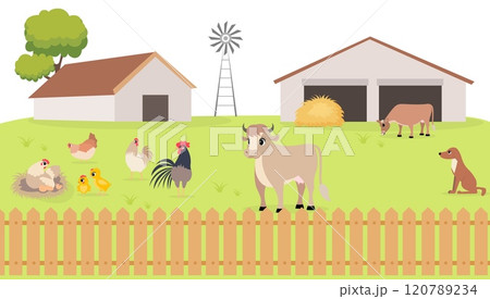 Farm Animals. Cute farm. Chickens, rooster, cows and a dog in a farmyard. Collection of farm animals in a barnyard. Baby flat vector illustration. 120789234
