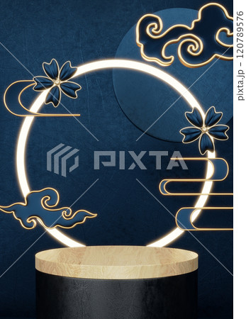 Dark blue geometric background, japanese style podium blue concept .3d rendering 120789576