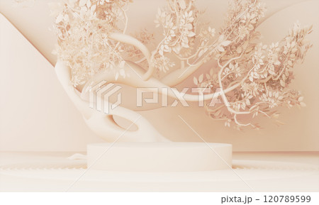 Fashion product background and stand light brown podium display with blank backdrops. 120789599