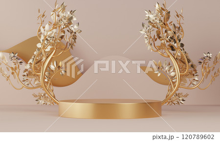 Fashion product background and stand light brown podium display with blank backdrops. 120789602