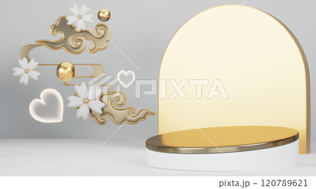 Gold stage podium decoration suitable for products.3D rendering Gold stage podium decoration suitable for products.3D rendering 120789621