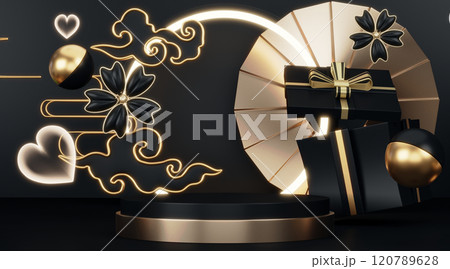 Fashion product background and stand black podium display with blank backdrops. 120789628