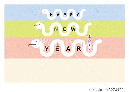 年賀 2025 はがきテンプレート かわいい3匹のへびイラスト 120789664