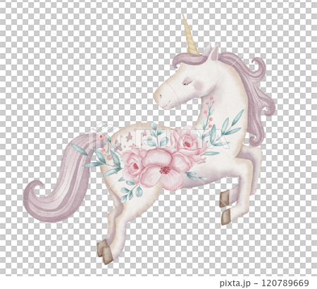 Unicorn with flowers watercolor illustration. Drawing of cute Horse with horn for Baby shower greeting cards or girls birthday invitation. Floral Pony for childish nursery. Fantasy creature for kid. Unicorn with flowers watercolor illustration. Drawing of cute Horse with horn for Baby shower greeting cards or girls birthday invitation. Floral Pony for childish nursery. Fantasy creature for kid. 120789669