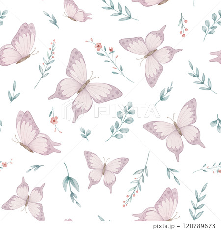 Butterfly seamless Pattern. Watercolor illustration of background with flowers and plants for childish bed linen or kids wallpaper. Floral backdrop for baby wrapping paper or textile design. 120789673