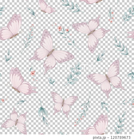 Butterfly seamless Pattern. Watercolor illustration of background with flowers and plants for childish bed linen or kids wallpaper. Floral backdrop for baby wrapping paper or textile design. 120789673