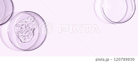 A sample of skin serum or moisturizing gel in a Petri dish. A cosmetic product. Copy space 120789830