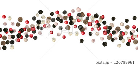 Flying white, black, red aromatic peppercorn seasoning watercolor horizontal seamless banner. Black pepper at different stages of ripening. Dried peppers illustration for food decor, kitchen design Flying white, black, red aromatic peppercorn seasoning watercolor horizontal seamless banner. Black pepper at different stages of ripening. Dried peppers illustration for food decor, kitchen design 120789961