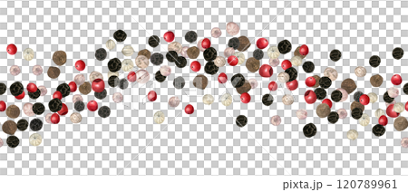 Flying white, black, red aromatic peppercorn seasoning watercolor horizontal seamless banner. Black pepper at different stages of ripening. Dried peppers illustration for food decor, kitchen design Flying white, black, red aromatic peppercorn seasoning watercolor horizontal seamless banner. Black pepper at different stages of ripening. Dried peppers illustration for food decor, kitchen design 120789961