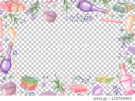 Watercolor delicate spa floral rectangle frame with empty space for text. Candle, bowl with salt, lavender, herbs, bottle, soap bars, bath bomb illustration. Horizontal border in pastel colors Watercolor delicate spa floral rectangle frame with empty space for text. Candle, bowl with salt, lavender, herbs, bottle, soap bars, bath bomb illustration. Horizontal border in pastel colors 120789963