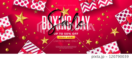 Boxing Day Sale Design with Gift Box, Golden Ornamental Ball and Typography Lettering on Red Background. Christmas Holiday Vector Business Illustration with Special Offer Elements for Coupon, Voucher Boxing Day Sale Design with Gift Box, Golden Ornamental Ball and Typography Lettering on Red Background. Christmas Holiday Vector Business Illustration with Special Offer Elements for Coupon, Voucher 120790039