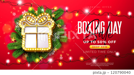 Boxing Day Sale Design with Light Bulb Billboard Gift Box and Fir Branch on Red Background. Christmas Holiday Vector Business Illustration with Special Offer Elements for Coupon, Voucher, Banner Boxing Day Sale Design with Light Bulb Billboard Gift Box and Fir Branch on Red Background. Christmas Holiday Vector Business Illustration with Special Offer Elements for Coupon, Voucher, Banner 120790040