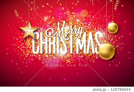 Merry Christmas and Happy New Year Illustration with Glittered Typography Letter, Gold Glass Ball and Falling Confetti on Shiny Red Background. Vector Holiday Season Design for Greeting Card, Party 120790044