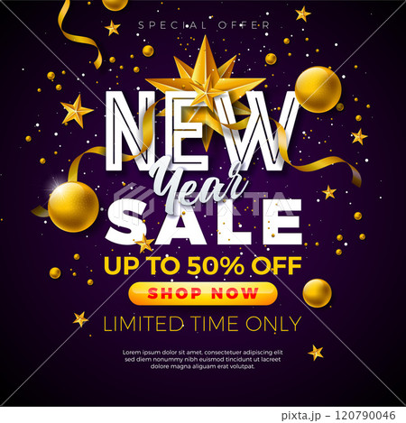 Happy New Year Sale 2025 Design with Typography Lettering, Gold Christmas Ball and Star on Black Background. Holiday Special Offer Campaign Discount Illustration for Coupon, Voucher, Banner, Flyer Happy New Year Sale 2025 Design with Typography Lettering, Gold Christmas Ball and Star on Black Background. Holiday Special Offer Campaign Discount Illustration for Coupon, Voucher, Banner, Flyer 120790046