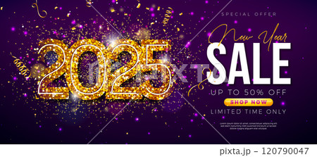 Happy New Year Sale 2025 Design with Gold Glittered Typography Lettering and Falling Confetti on Dark Background. Holiday Special Offer Campaign Discount Illustration for Coupon, Voucher, Banner Happy New Year Sale 2025 Design with Gold Glittered Typography Lettering and Falling Confetti on Dark Background. Holiday Special Offer Campaign Discount Illustration for Coupon, Voucher, Banner 120790047
