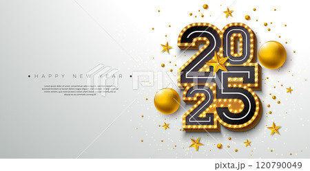 2025 Happy New Year Illustration with 3d Glowing Light Bulb Billboard Typography Number, Christmas Ball and Golden Star on White Background. Holiday Design for Party Flyer, Celebration Banner 2025 Happy New Year Illustration with 3d Glowing Light Bulb Billboard Typography Number, Christmas Ball and Golden Star on White Background. Holiday Design for Party Flyer, Celebration Banner 120790049