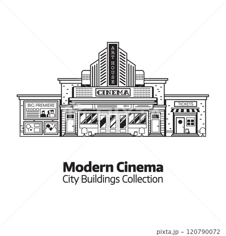 Retro Cinema or Movie Theater Building in Line Art 120790072