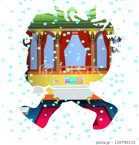 A silhouette filled with a colorful room interior features a bathtub, wooden windows, and red curtains. A silhouette filled with a colorful room interior features a bathtub, wooden windows, and red curtains. 120790132