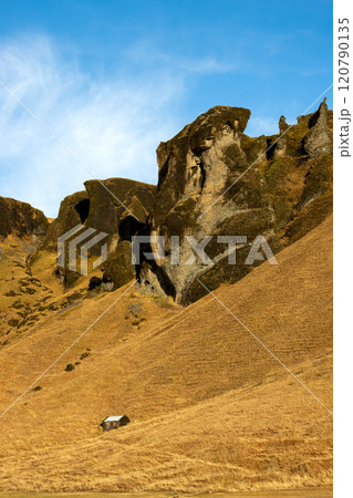 Mountain and a house in the autumn, Iceland 120790135
