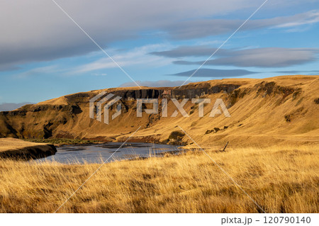 Field and Systrastapi rock in the autumn, Iceland 120790140