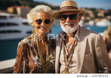 Senior couple in stylish attire and sunglasses strolling in a coastal town with luxury yachts, embodying a carefree lifestyle 120790152