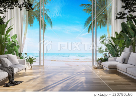 Modern style comfortable white living room with open the door to see the sea view 3d render 120790160