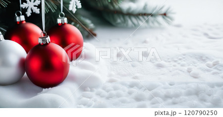 Christmas tree with decorations and Christmas tree toys on snow with space for text 120790250