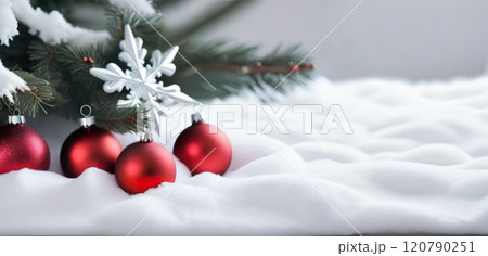 Christmas tree with decorations and Christmas tree toys on snow with space for text 120790251