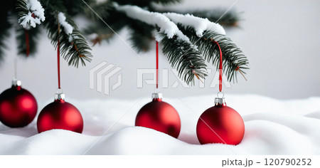 Christmas tree with decorations and Christmas tree toys on snow with space for text 120790252