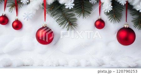 Christmas tree with decorations and Christmas tree toys on snow with space for text 120790253