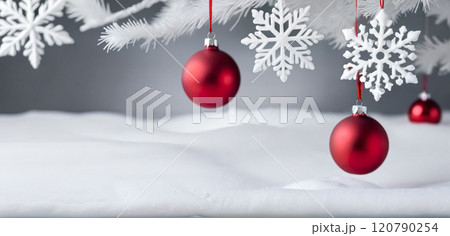 Christmas tree with decorations and Christmas tree toys on snow with space for text 120790254