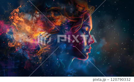 An abstract portrait of a woman that combines fantasy and reality in a double exposure 120790332
