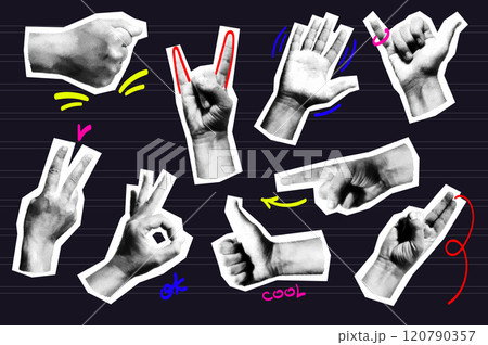 Trendy vintage collage conception with symbols set. Halftone collection with fist, hands show cool, open palm, peace, ok, thumb up, finger points direction in retro pop art style. Vector illustration. 120790357