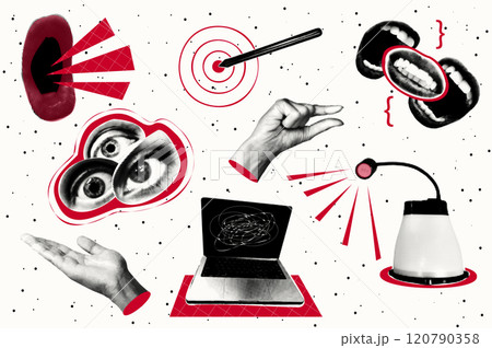 Trendy vintage collage conception with symbols set. Halftone collection with screaming mouth, targeting pen, yes, teeth, laptop, lamp, gesturing hands in retro pop art style. Vector illustration. Trendy vintage collage conception with symbols set. Halftone collection with screaming mouth, targeting pen, yes, teeth, laptop, lamp, gesturing hands in retro pop art style. Vector illustration. 120790358