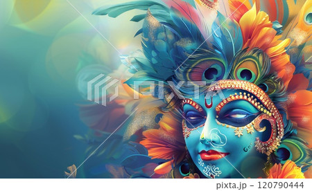 A colorful, abstract design background depicting the joyful celebration of Krishna Janmashtami 120790444