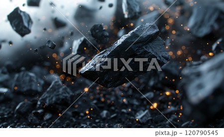Abstract piles of black dust and rocks suspended in the air 120790545