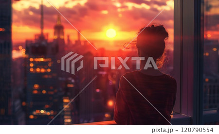 A woman gazes at the sunset from a balcony,...のイラスト素材 [120790554] - PIXTA