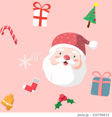 Christmas seamless pattern background, with cute cartoon of Santa Claus head, ornament, Christmas tree, candy canes, snowflake, gift box, bell, sock isolated on pink background Christmas seamless pattern background, with cute cartoon of Santa Claus head, ornament, Christmas tree, candy canes, snowflake, gift box, bell, sock isolated on pink background 120790613