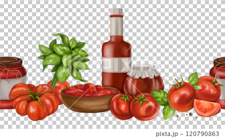 Red ripe tomatoes, fresh basil. Seamless horizontal border for long patterns design. Healthy food, sustainable gardening, eco lifestyle. Vegetable farm sauces, fruits, greens. Isolated illustration 120790863