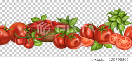 Red ripe tomatoes, fresh basil. Seamless horizontal border for long patterns design. Healthy food, sustainable gardening, eco lifestyle. Vegetable farm sauces, fruits, greens. Isolated illustration Red ripe tomatoes, fresh basil. Seamless horizontal border for long patterns design. Healthy food, sustainable gardening, eco lifestyle. Vegetable farm sauces, fruits, greens. Isolated illustration 120790865