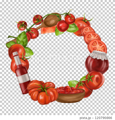 Red ripe tomatoes, fresh basil. A wreath of isolated objects for patterns design. Healthy food, sustainable gardening, eco lifestyle. Vegetable farm sauces, fruits, greens. Isolated illustration 120790866