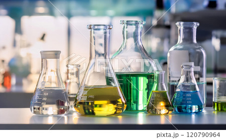 Aacid and chemical reactions, featuring elements like a laboratory setup, acid bottles, and chemical flasks, symbolizing chemistry, reactions, and scientific study. 120790964
