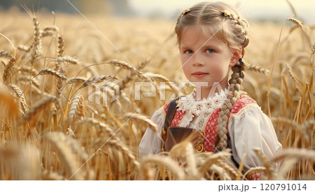 A child enjoying bread in a wheat field, symbolizing the harvest season 120791014