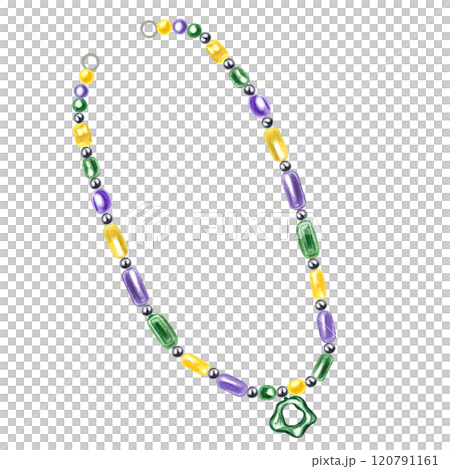 Multicolored beads with green pendant in the style and colors of popular Mardi Gras festival watercolor illustration. Festive Mood. Design element for carnival decor, invitation design Multicolored beads with green pendant in the style and colors of popular Mardi Gras festival watercolor illustration. Festive Mood. Design element for carnival decor, invitation design 120791161