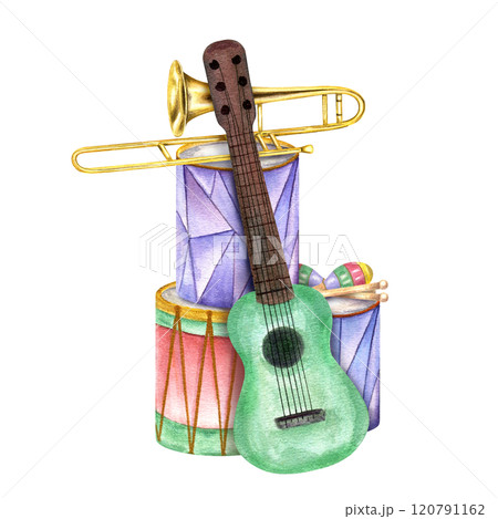 Watercolor musical instruments for traditional festival illustration. Golden trombone, colorful drums, maracas, guitar composition for Mardi Grass, Brazilian carnivals. Poster, print, , invitation 120791162