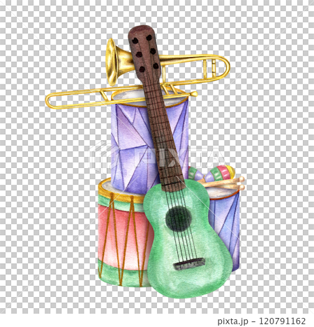 Watercolor musical instruments for traditional festival illustration. Golden trombone, colorful drums, maracas, guitar composition for Mardi Grass, Brazilian carnivals. Poster, print, , invitation 120791162