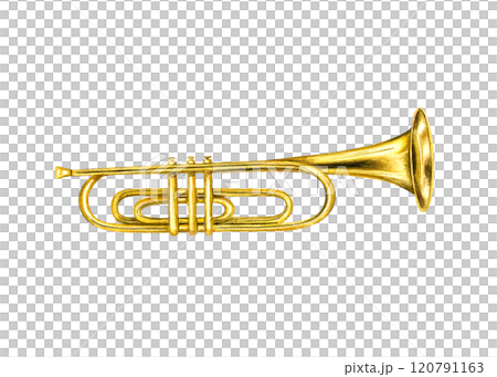 Watercolor musical classical shiny brass trumpet illustration . Hand painted jazz metallic golden instrument object for your design. Side view. Band, orchestra greeting 120791163