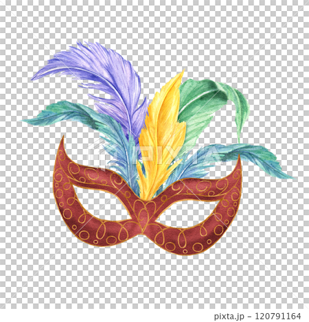 Watercolor decorative carnival mask with colorful bird feathers illustration clip art. Elegant Mardi gras festival attribute for masquerade parade. Greeting cards, poster. invitation 120791164